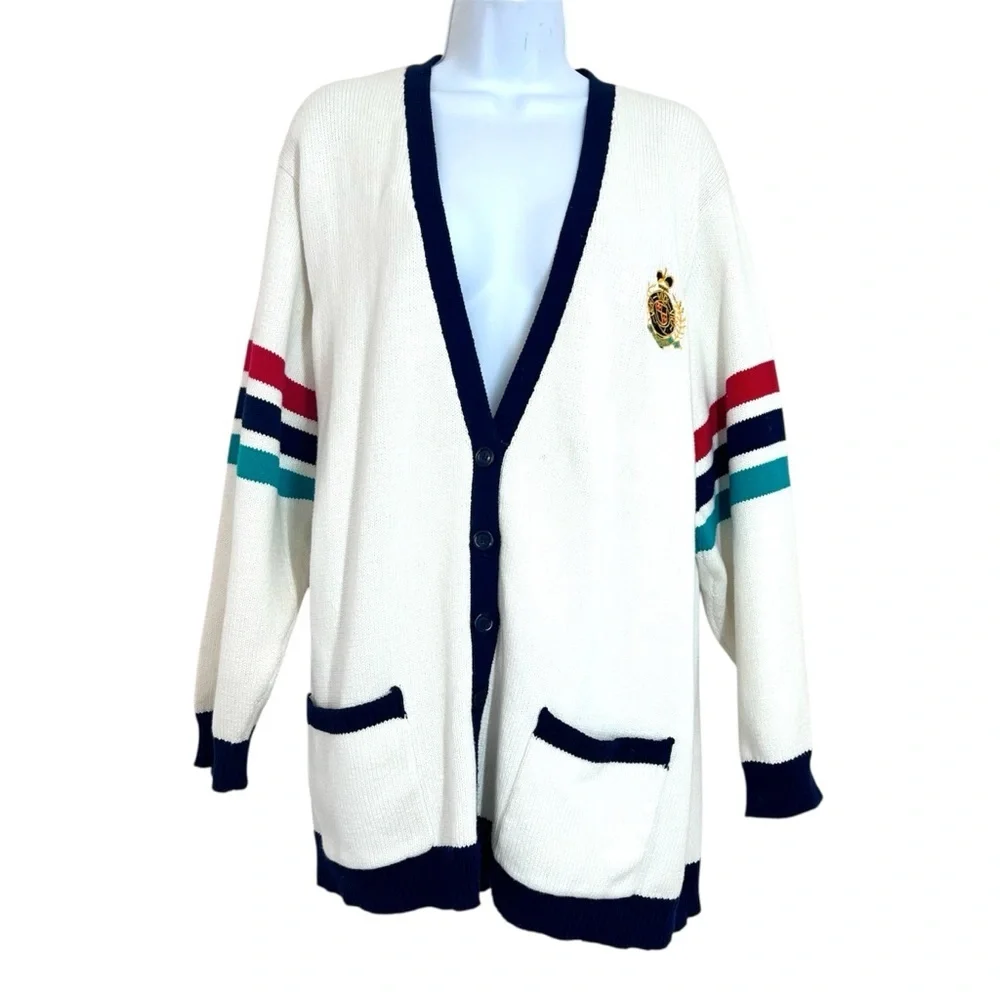 Vintage 80-90s Preppy Collegiate Ivory Crested Striped Cardigan L Princess Diana